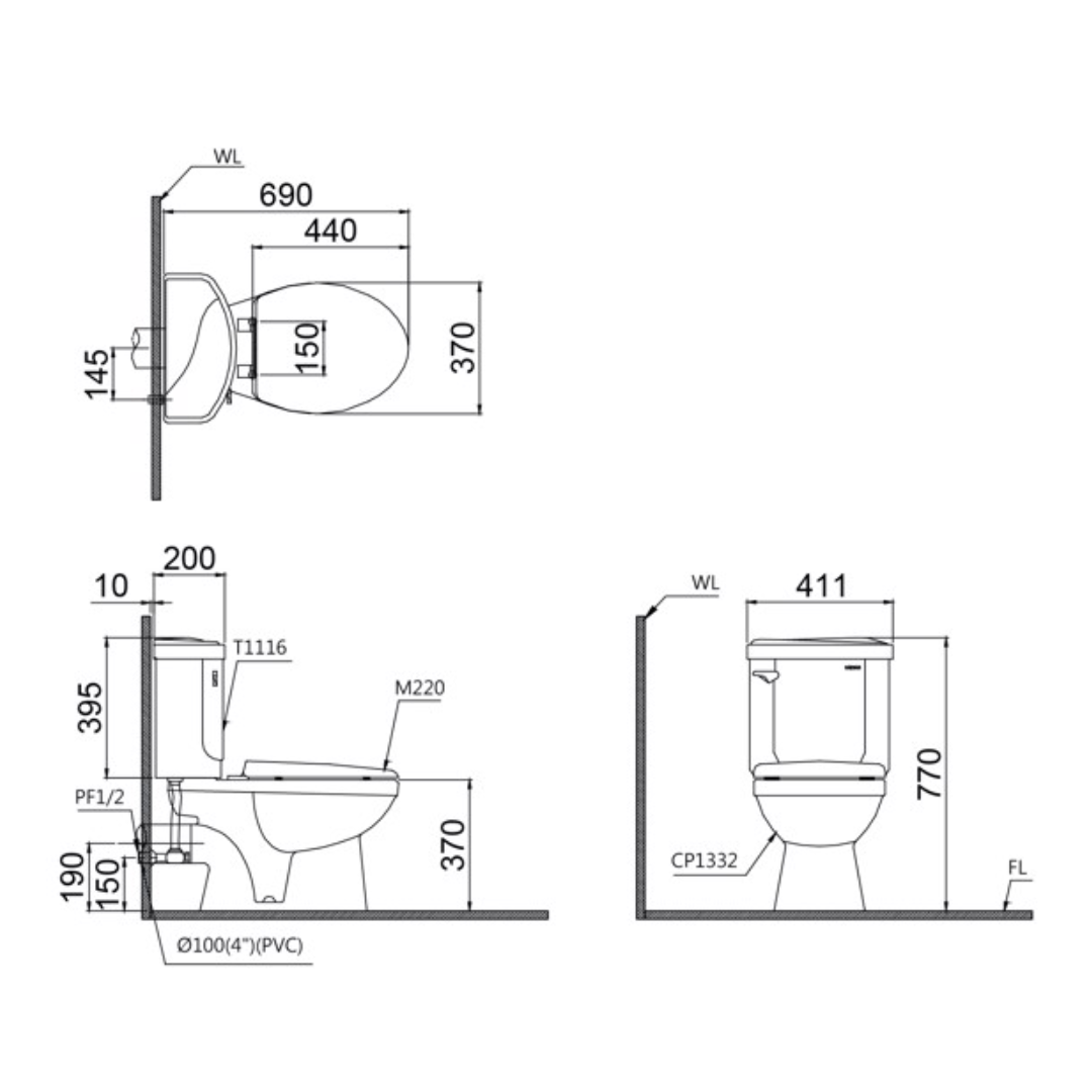 Bồn cầu 2 khối Caesar CPT1332 nắp thường