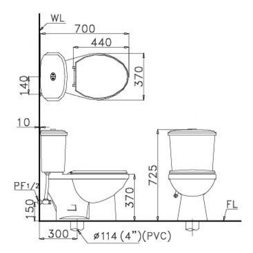 Bản vẽ kỹ thuật của bồn cầu 2 khối nắp điện tử Caesar CT1338+TAF512H