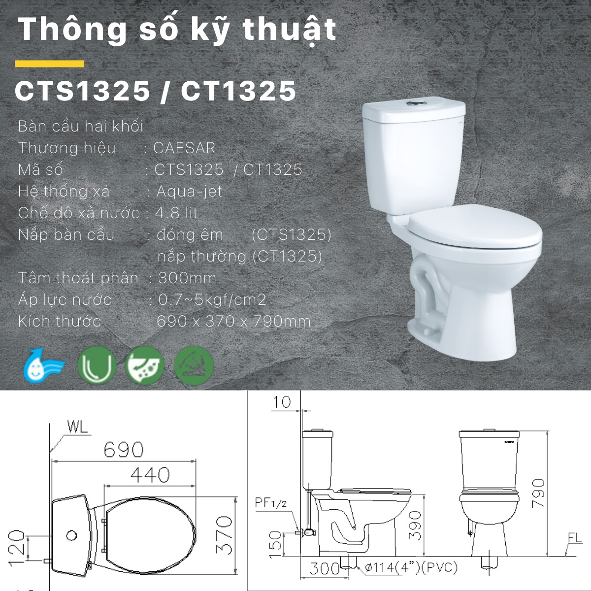 Bồn cầu 2 khối Caesar CTS1325 nắp êm