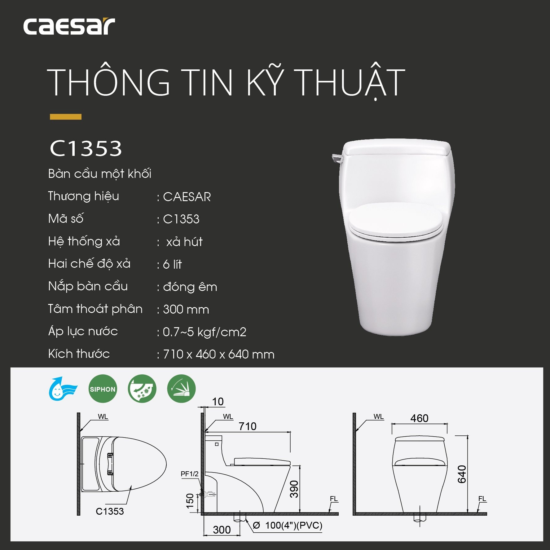 Bồn cầu 1 khối Caesar C1353 nắp êm