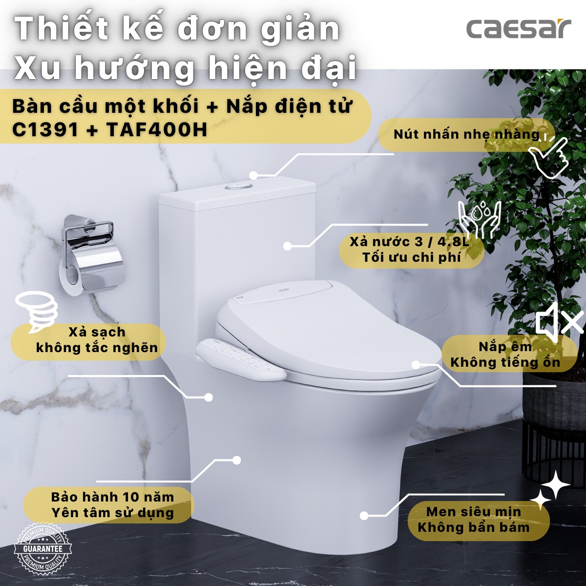 Bồn cầu 1 khối nắp điện tử Caesar C1391F + TAF400H (C1391+TAF400H)
