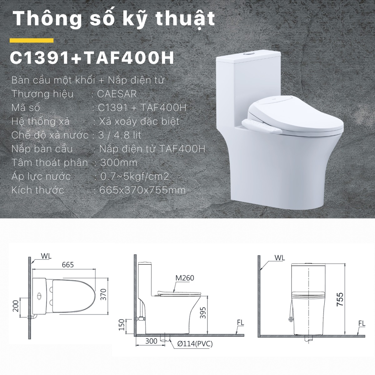 Bồn cầu 1 khối nắp điện tử Caesar C1391F + TAF400H (C1391+TAF400H)