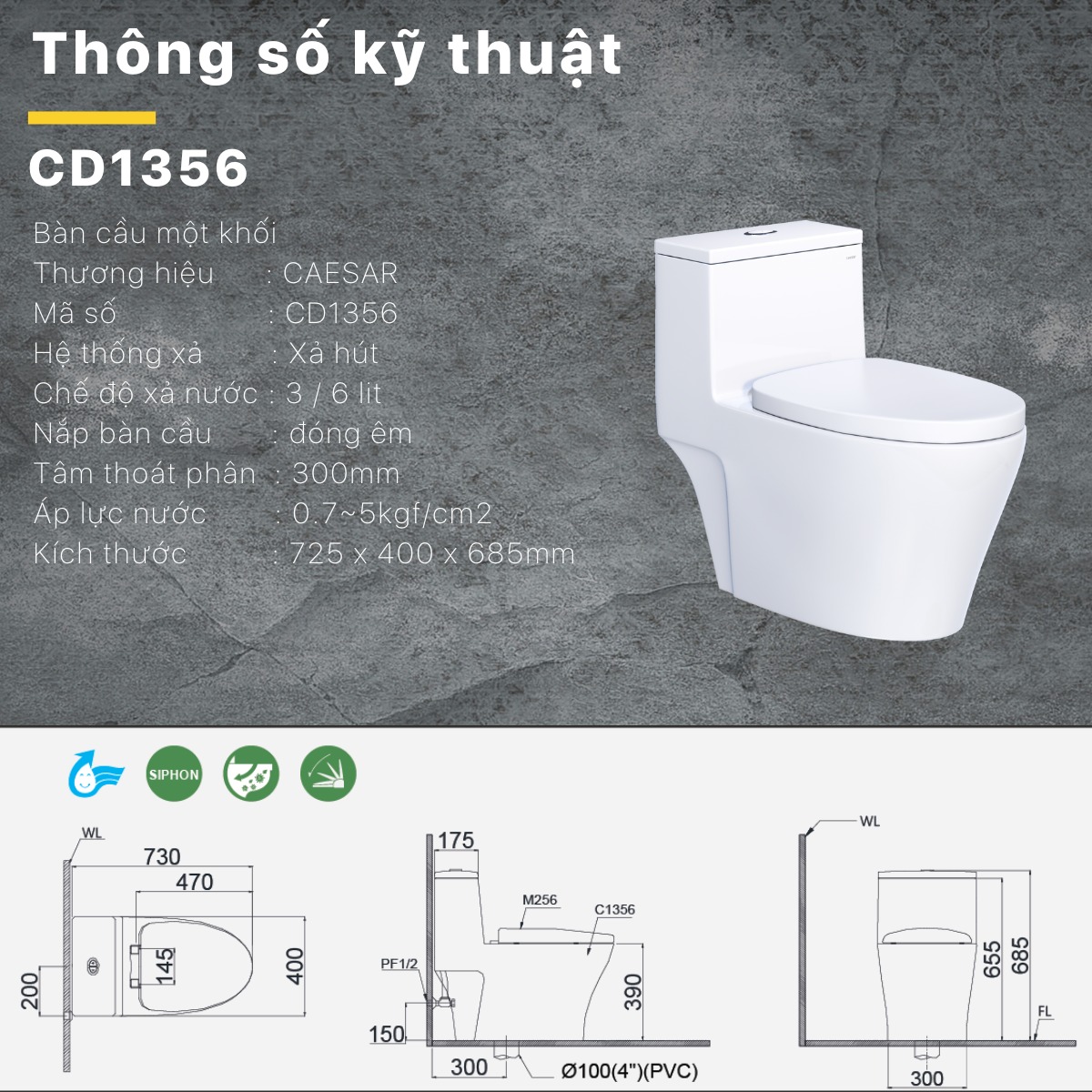 Bồn cầu 1 khối Caesar C1356 (CD1356) nắp đóng êm
