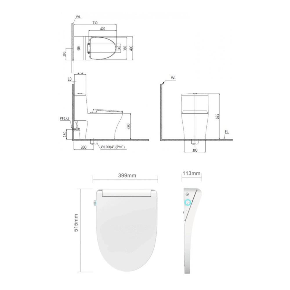 Bồn cầu 1 khối nắp điện tử Caesar C1356F + TAF512H (CD1356+TAF512H)