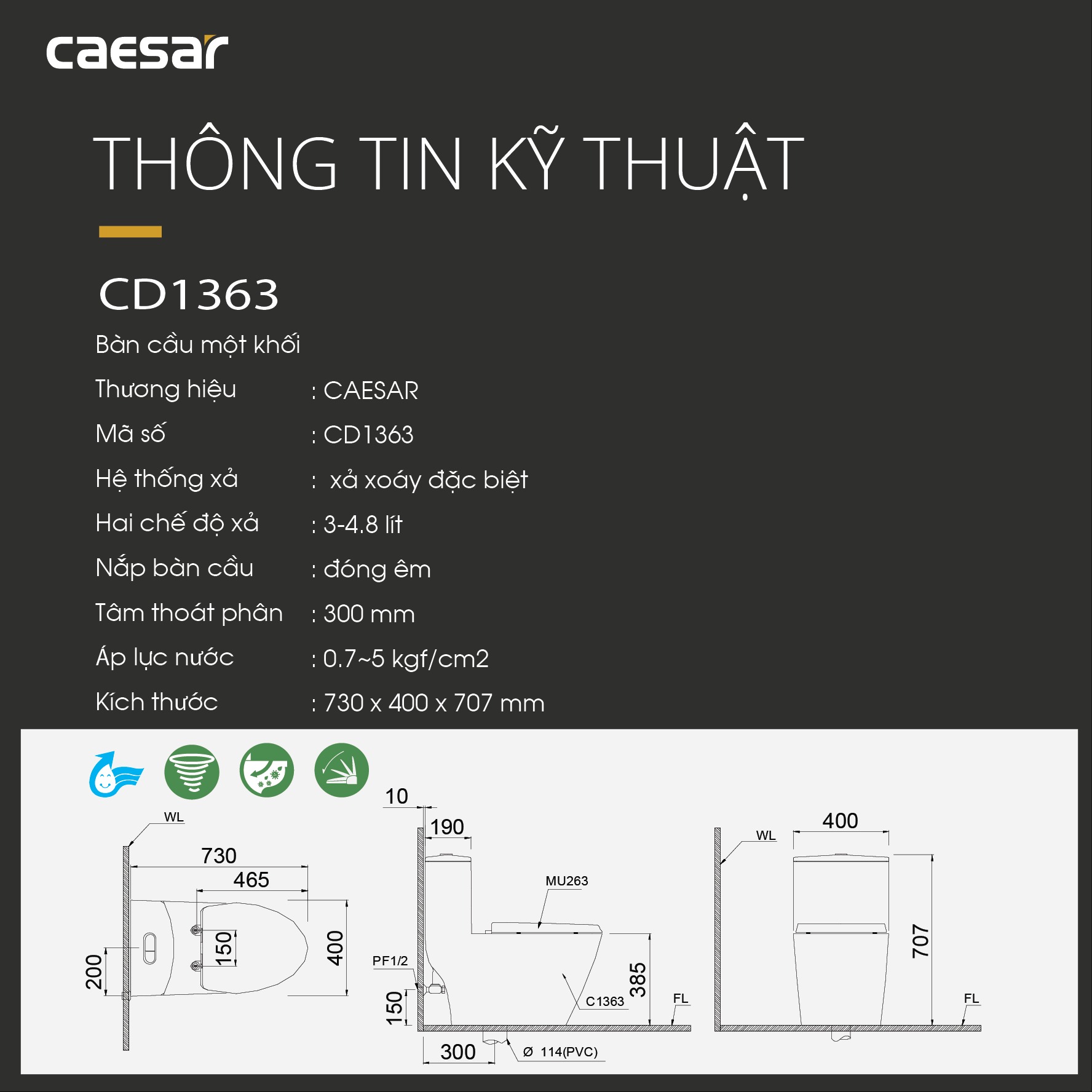 Bồn cầu 1 khối Caesar C1363 (CD1363) nắp đóng êm