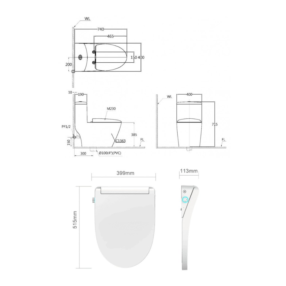 Bồn cầu 1 khối nắp điện tử Caesar C1363F + TAF512H (CD1363+TAF512H)