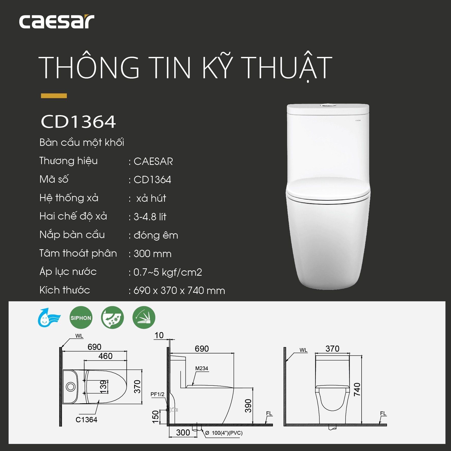 Bồn cầu 1 khối Caesar C1364 (CD1364) nắp đóng êm