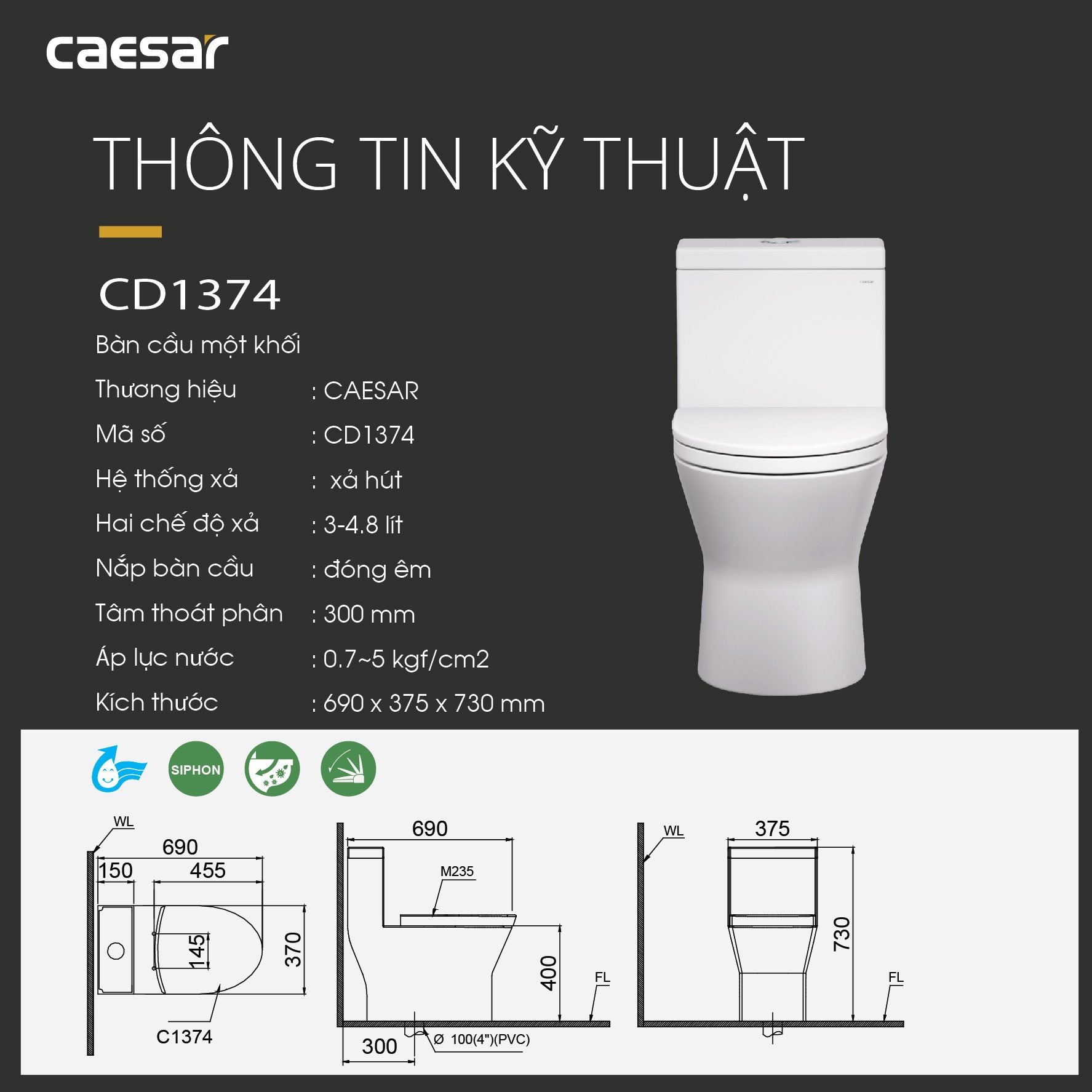 Bồn cầu 1 khối Caesar C1374 (CD1374) nắp đóng êm