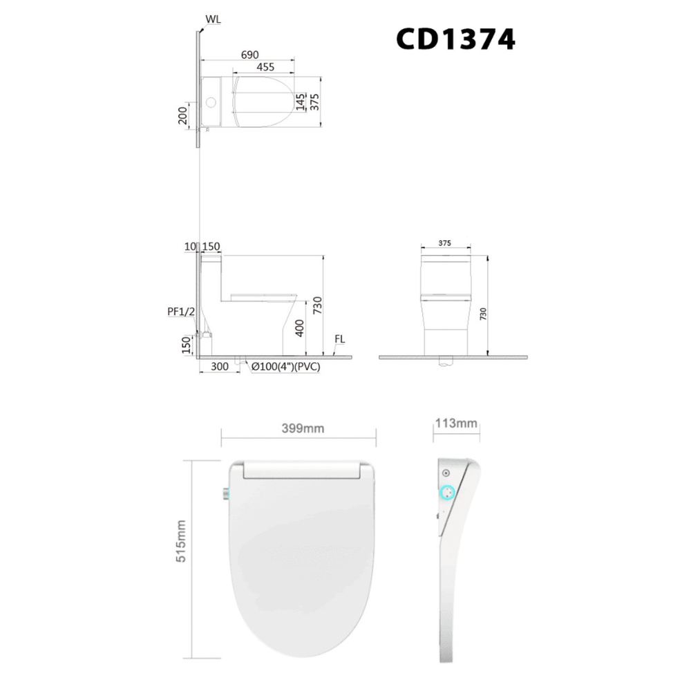 Bồn cầu 1 khối nắp điện tử Caesar C1374F + TAF512H (CD1374+TAF512H)