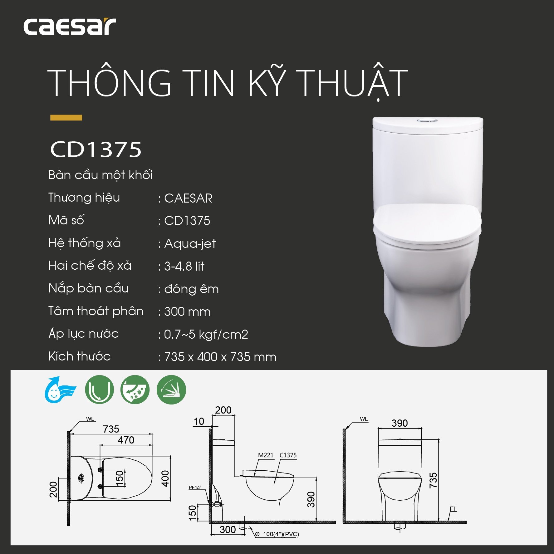 Bồn cầu 1 khối Caesar C1375 (CD1375) nắp đóng êm