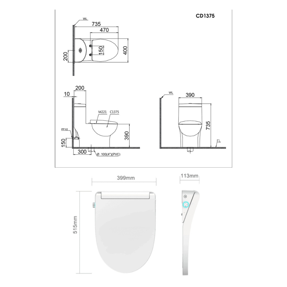 Bồn cầu 1 khối nắp điện tử Caesar C1375F + TAF512H (CD1375+TAF512H)