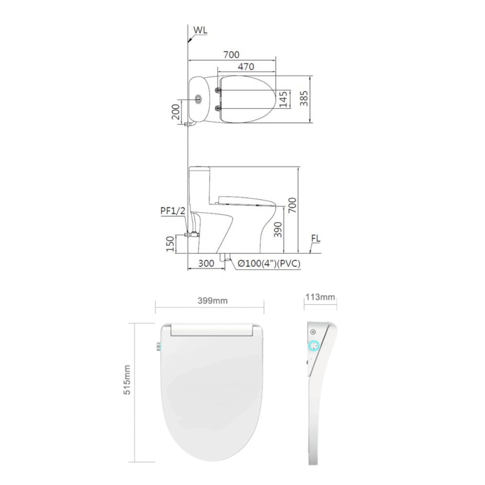 Bồn cầu 1 khối nắp điện tử Caesar C1394F + TAF512H (CD1394+TAF512H)