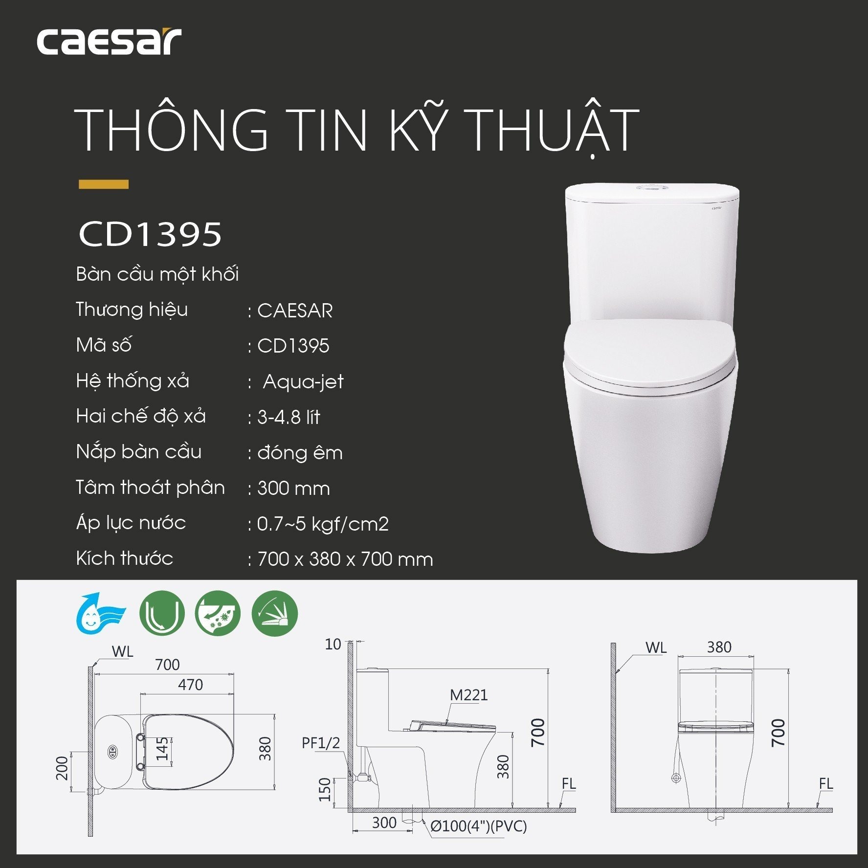 Bồn cầu 1 khối Caesar C1395 (CD1395) nắp đóng êm