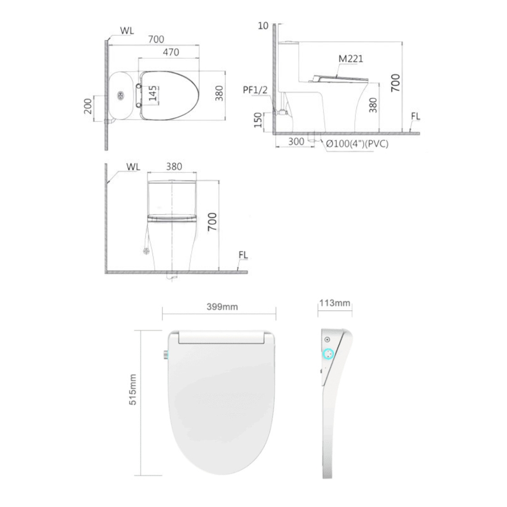 Bồn cầu 1 khối nắp điện tử Caesar C1395F + TAF512H (CD1395+TAF512H)