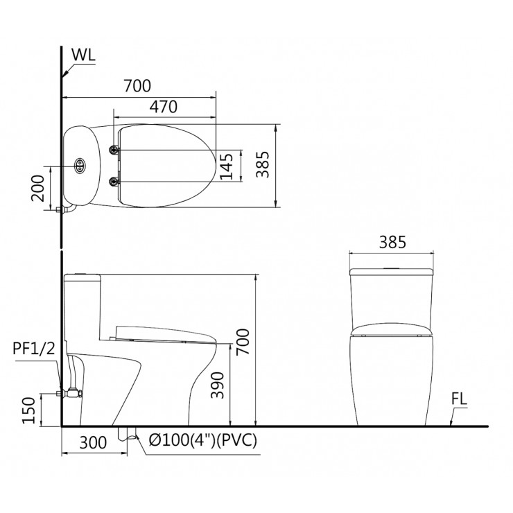 Bản vẽ kỹ thuật bồn cầu Caesar CD1394+TAF050