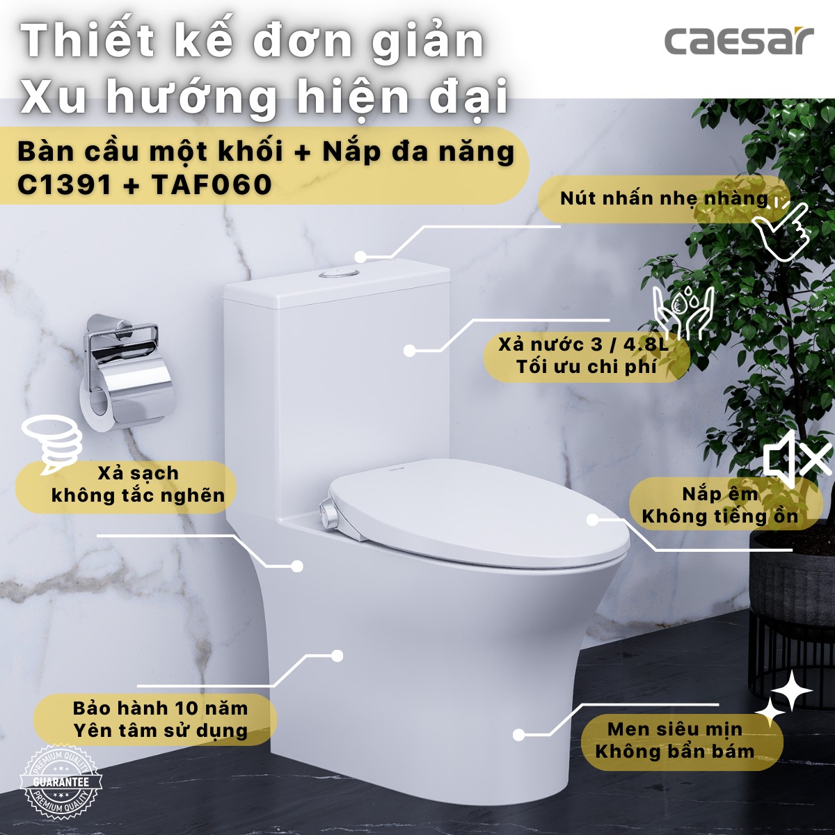 Bồn cầu 1 khối nắp rửa cơ Caesar C1391F + TAF060 (C1391 + TAF060)