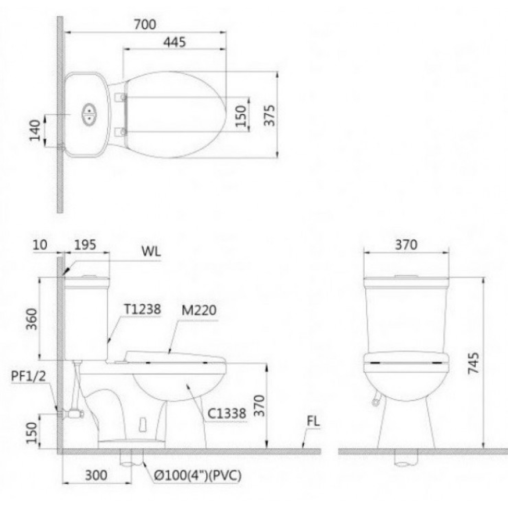Bồn cầu 2 khối nắp rửa cơ Caesar CD1338 + TAF060