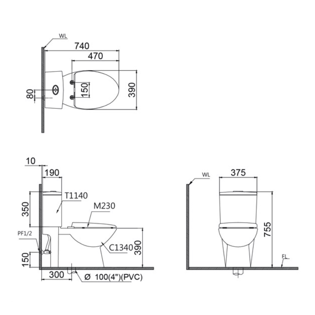 Bồn cầu 2 khối nắp rửa cơ Caesar CD1340+TAF050