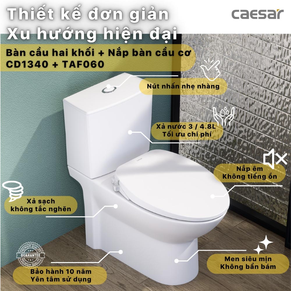 Bồn cầu 2 khối nắp rửa cơ Caesar CD1340 + TAF060