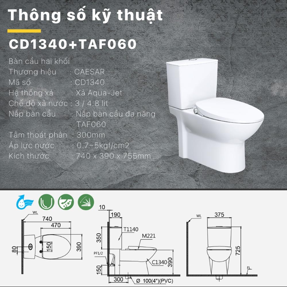 Bồn cầu 2 khối nắp rửa cơ Caesar CD1340 + TAF060