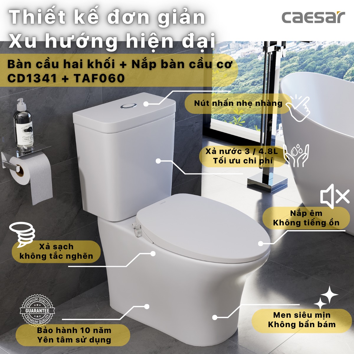 Bồn cầu 2 khối nắp rửa cơ Caesar CD1341 + TAF060