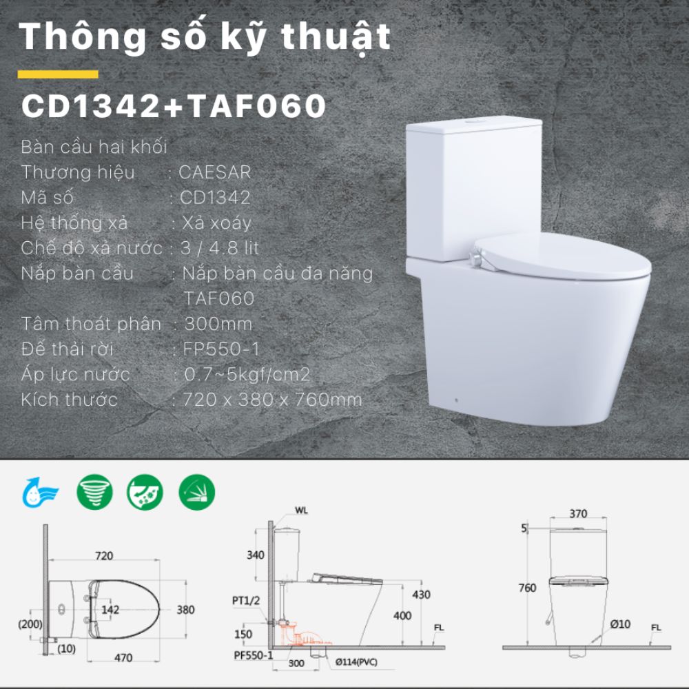 Bồn cầu 2 khối nắp rửa cơ Caesar CD1342 + TAF060