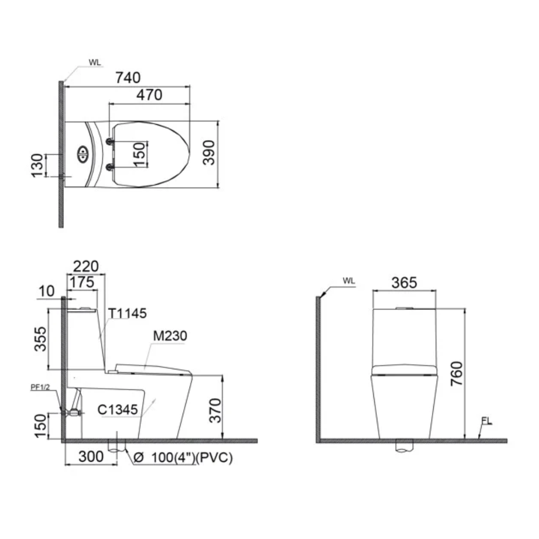 Bồn cầu 2 khối nắp rửa cơ Caesar CD1345+TAF050