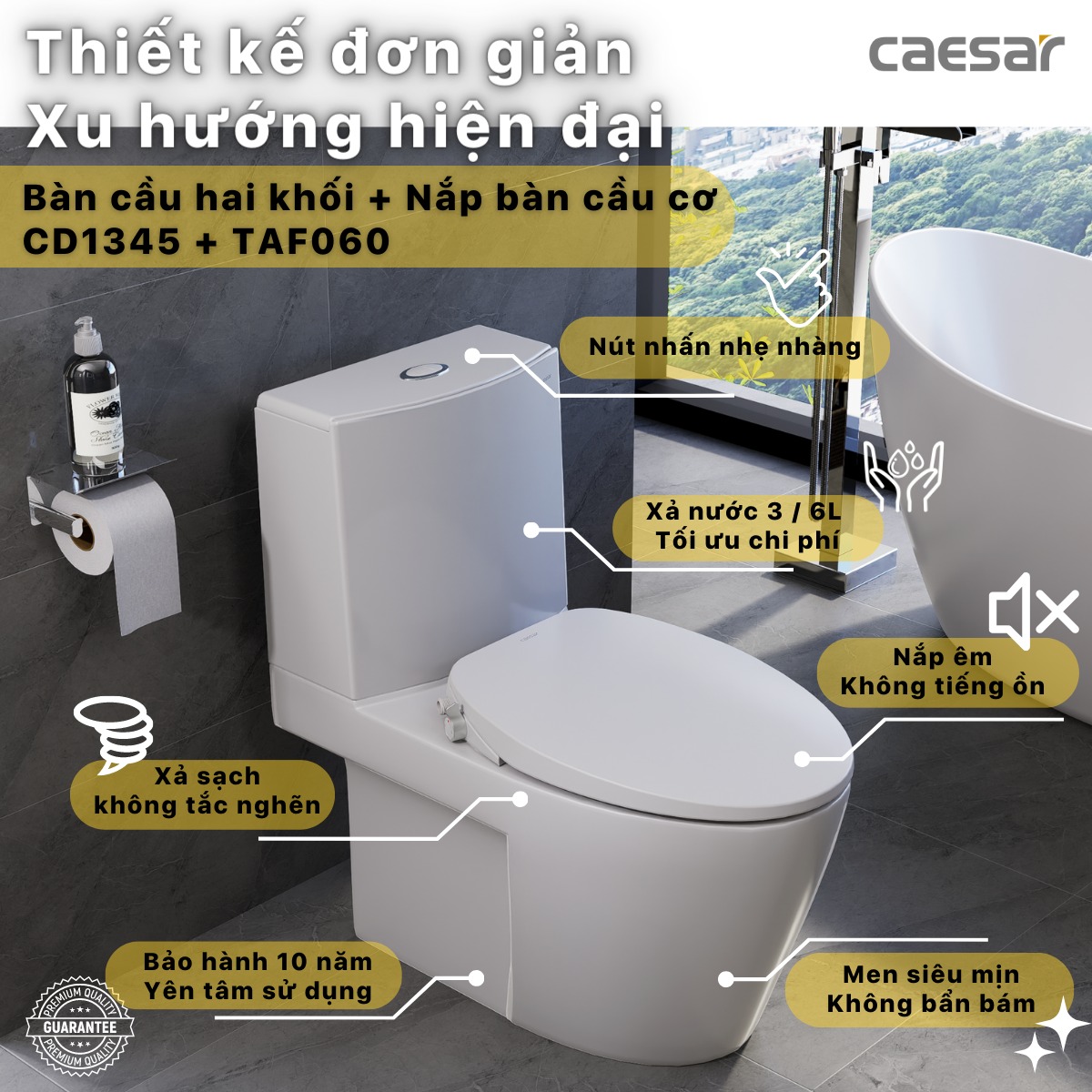 Bồn cầu 2 khối nắp rửa cơ Caesar CD1345+TAF060