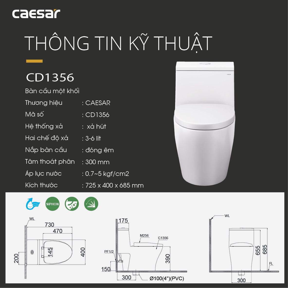 Bồn cầu 1 khối nắp rửa cơ Caesar C1356F + TAF060 (CD1356+TAF060)