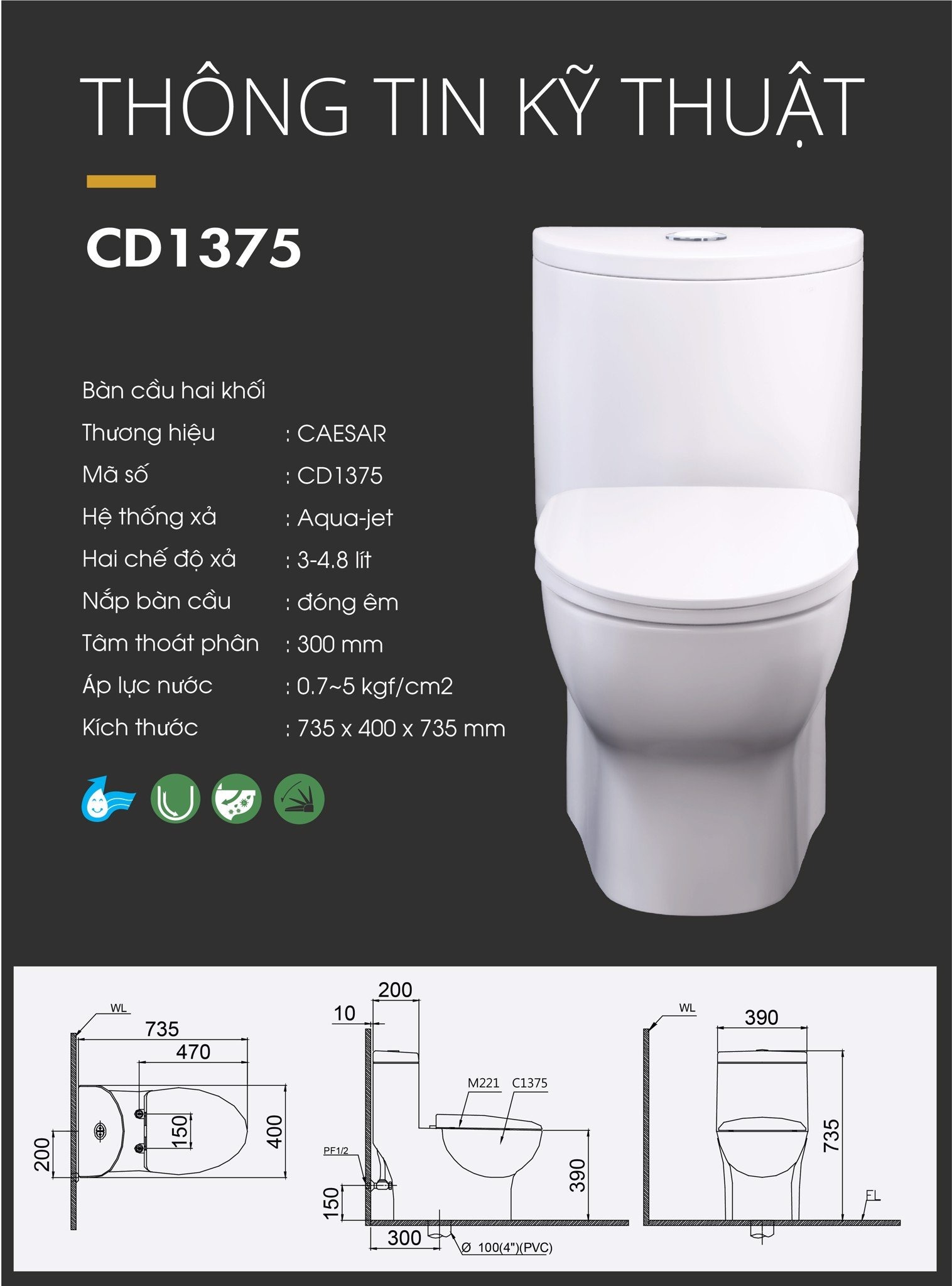 Bồn cầu 1 khối nắp rửa cơ Caesar C1375F + TAF060 (CD1375+TAF060)