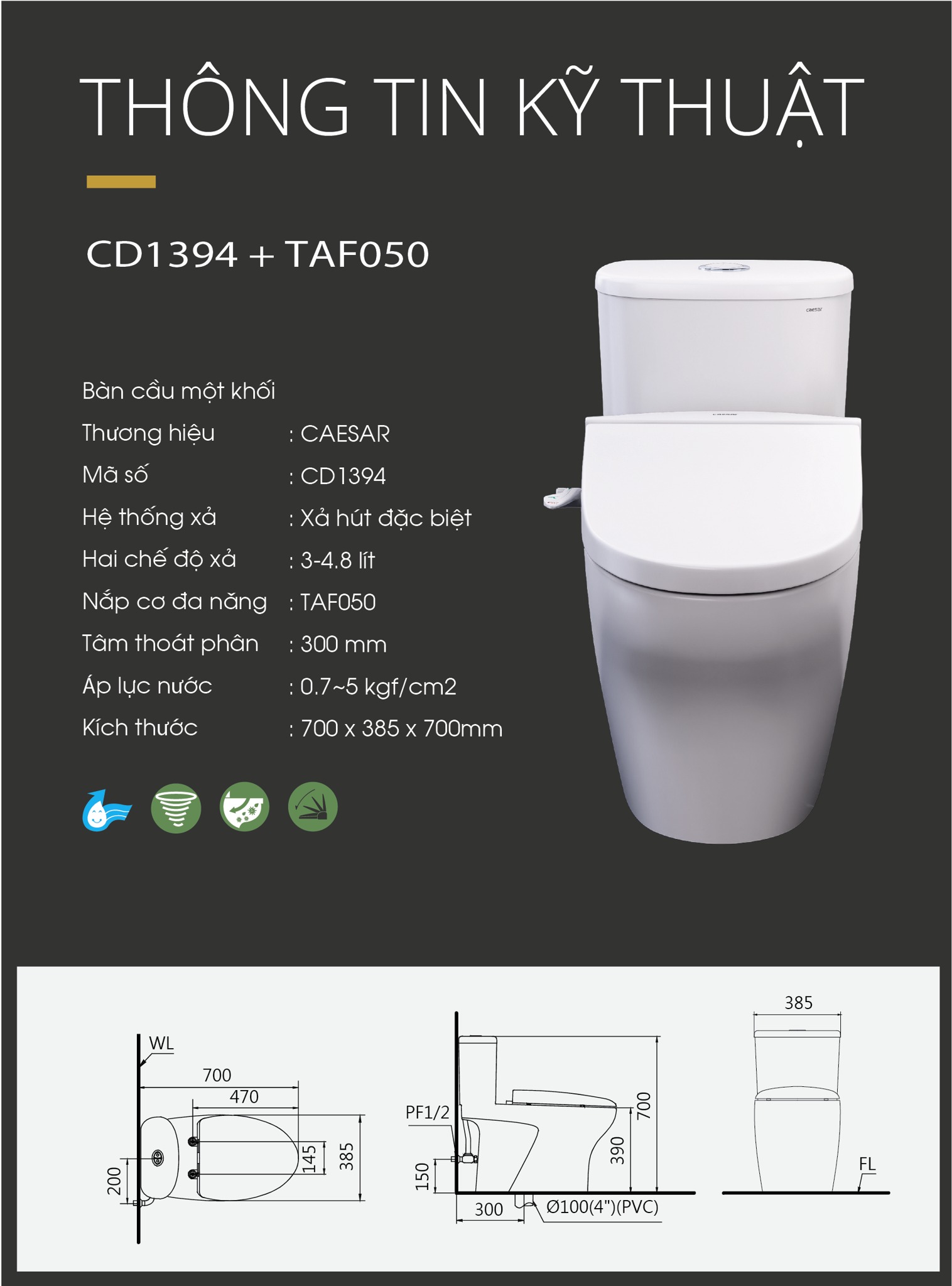 Bồn cầu 1 khối nắp rửa cơ Caesar CD1394+TAF050