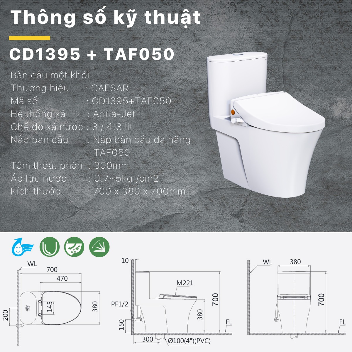 Bồn cầu 1 khối nắp rửa cơ Caesar CD1395+TAF050