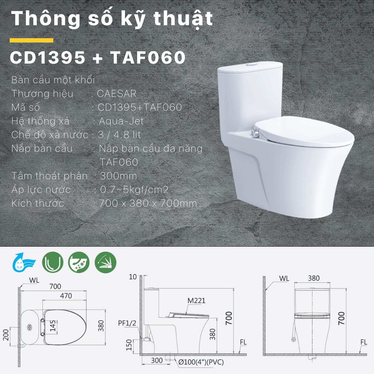 Bồn cầu 1 khối nắp rửa cơ Caesar C1395F + TAF060 (CD1395+TAF060)