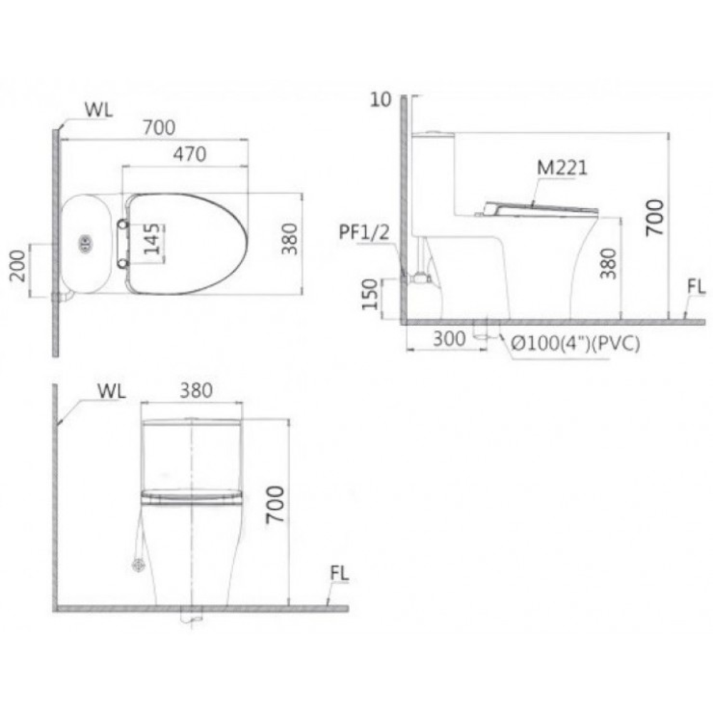 Bồn cầu 1 khối nắp rửa cơ Caesar C1395F + TAF060 (CD1395+TAF060)