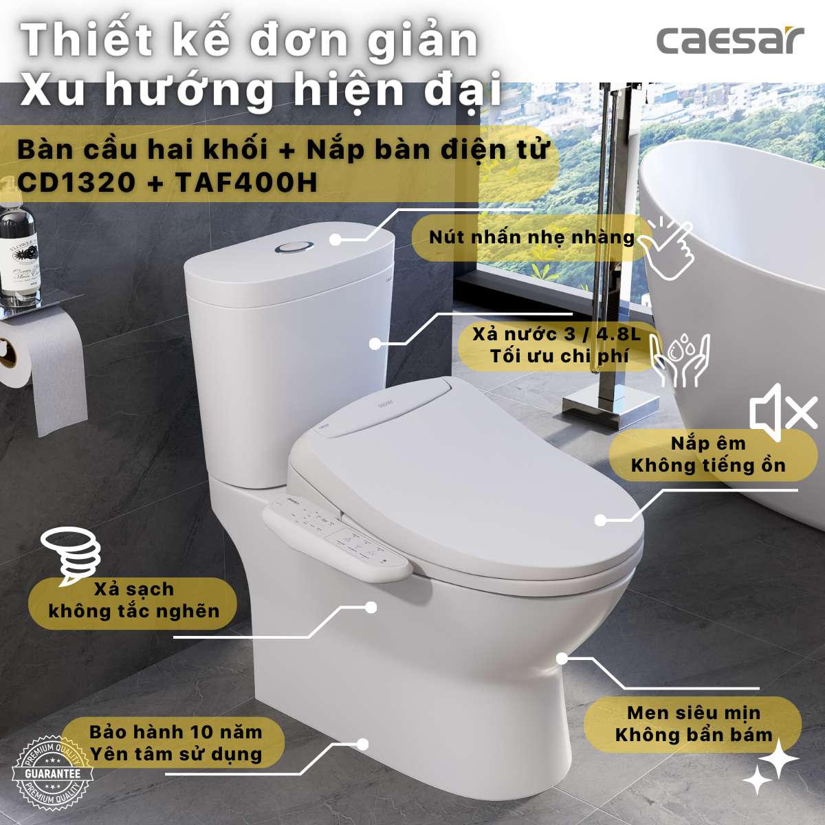 Bồn cầu 2 khối nắp điện tử Caesar CD1320 + TAF400H