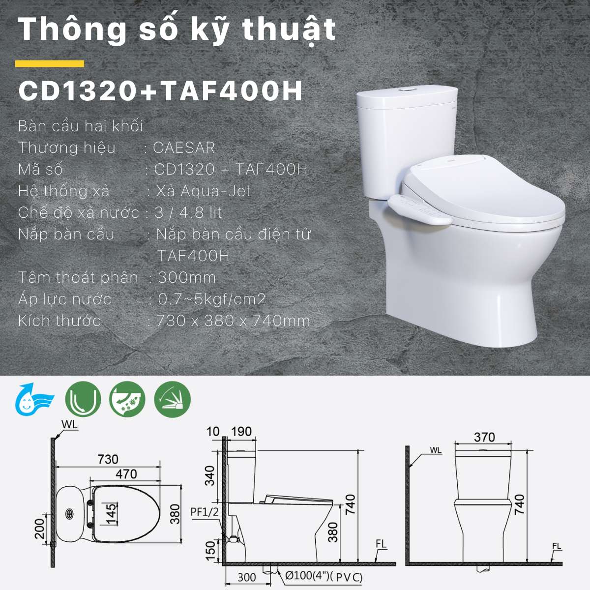 Bồn cầu 2 khối nắp điện tử Caesar CD1320 + TAF400H