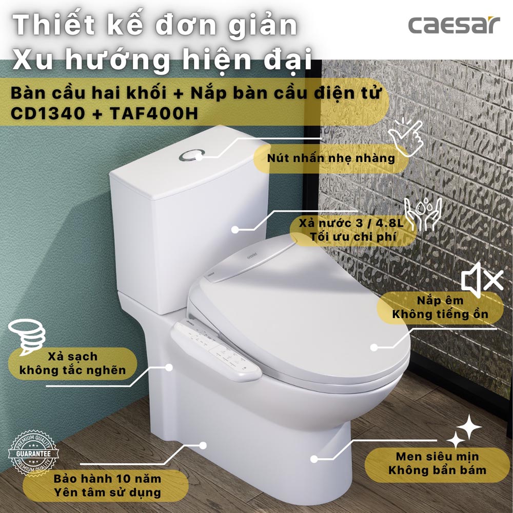 Bồn cầu 2 khối nắp điện tử Caesar CD1340 + TAF400H