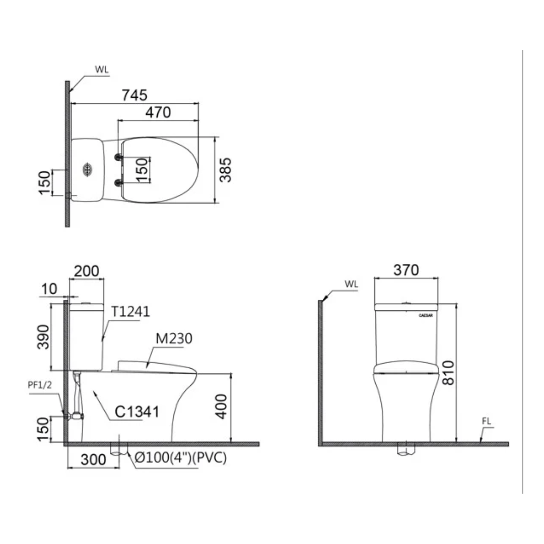 Bồn cầu 2 khối nắp điện tử Caesar CD1341+TAF200H