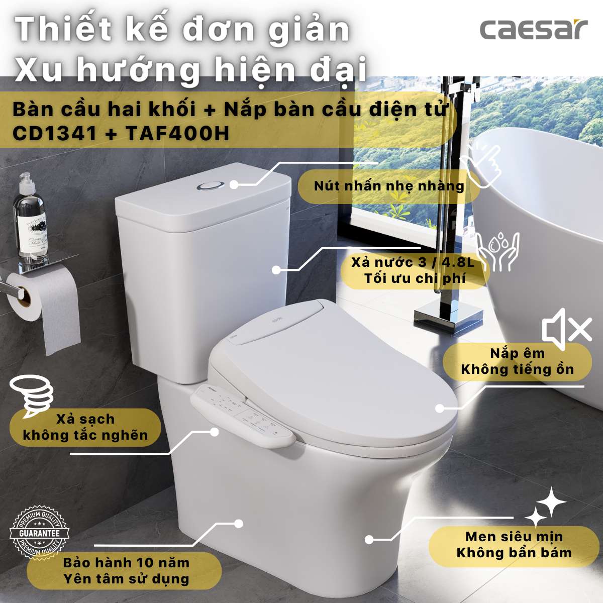 Bồn cầu 2 khối nắp điện tử Caesar CD1341 + TAF400H