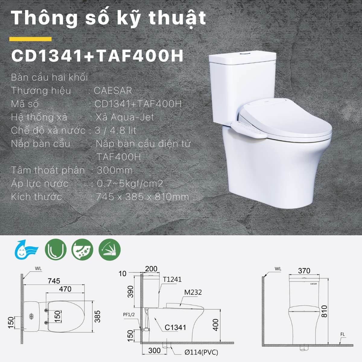Bồn cầu 2 khối nắp điện tử Caesar CD1341 + TAF400H