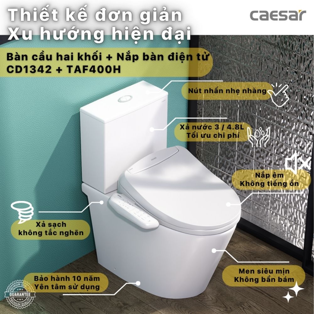 Bồn cầu 2 khối nắp điện tử Caesar CD1342 + TAF400H