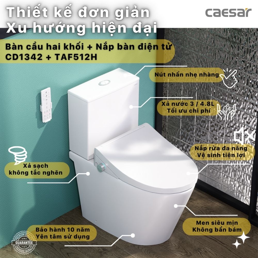 Bồn cầu 2 khối nắp điện tử Caesar CD1342 + TAF512H