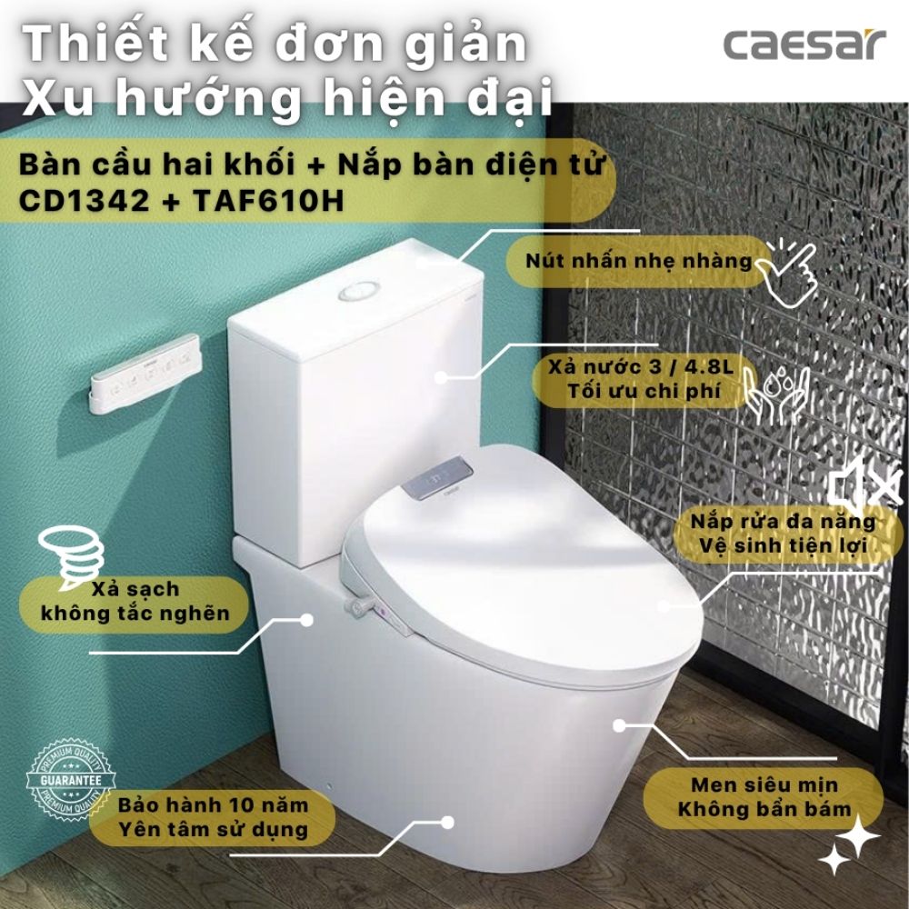 Bồn cầu 2 khối nắp điện tử Caesar CD1342 + TAF610H