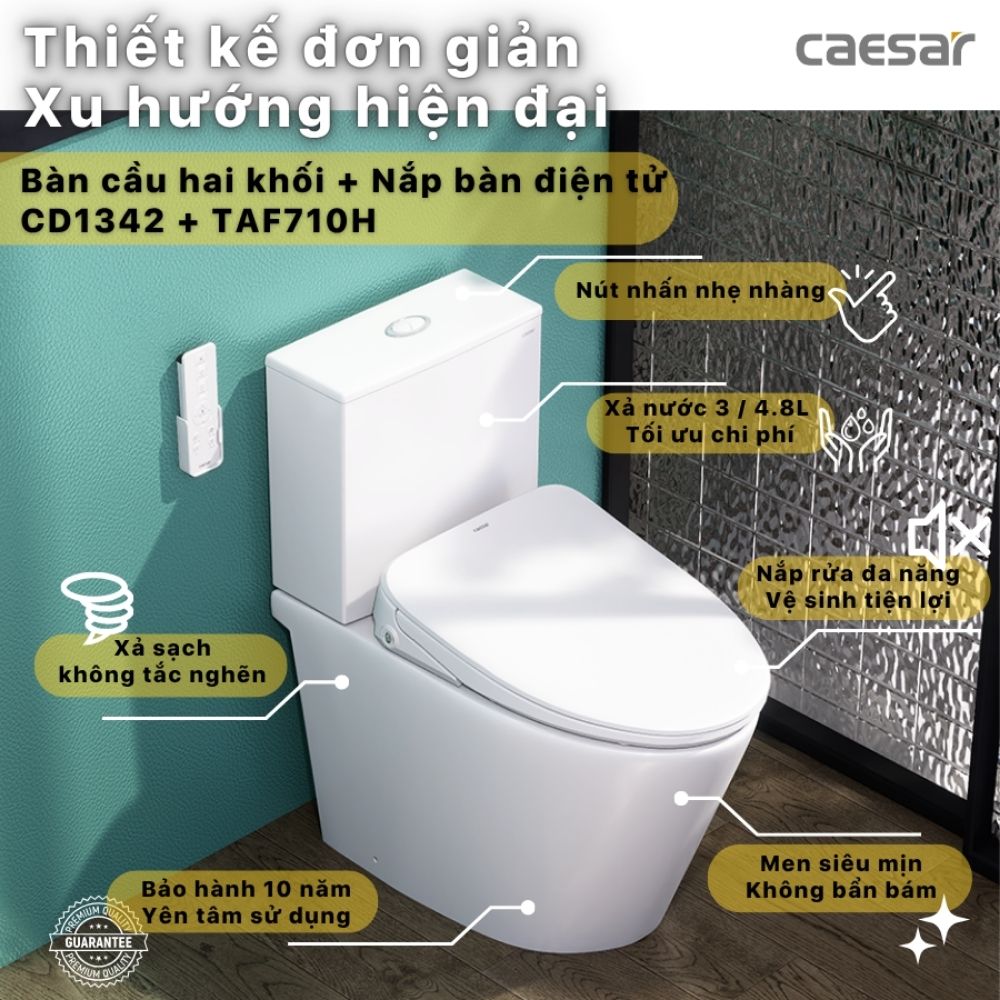 Bồn cầu 2 khối nắp điện tử Caesar CD1342 + TAF710H