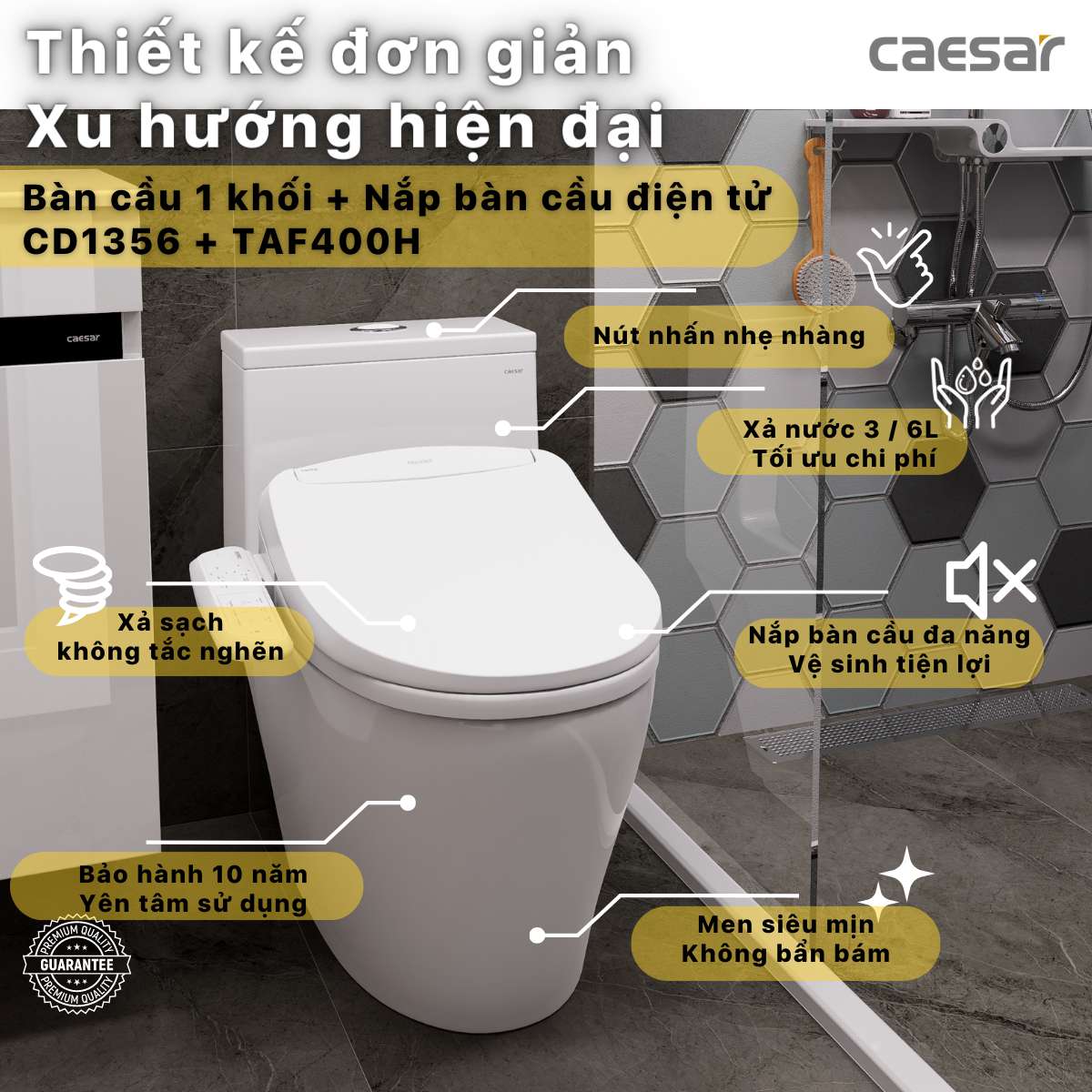 Bồn cầu 1 khối nắp điện tử Caesar C1356F + TAF400H (CD1356+TAF400H)