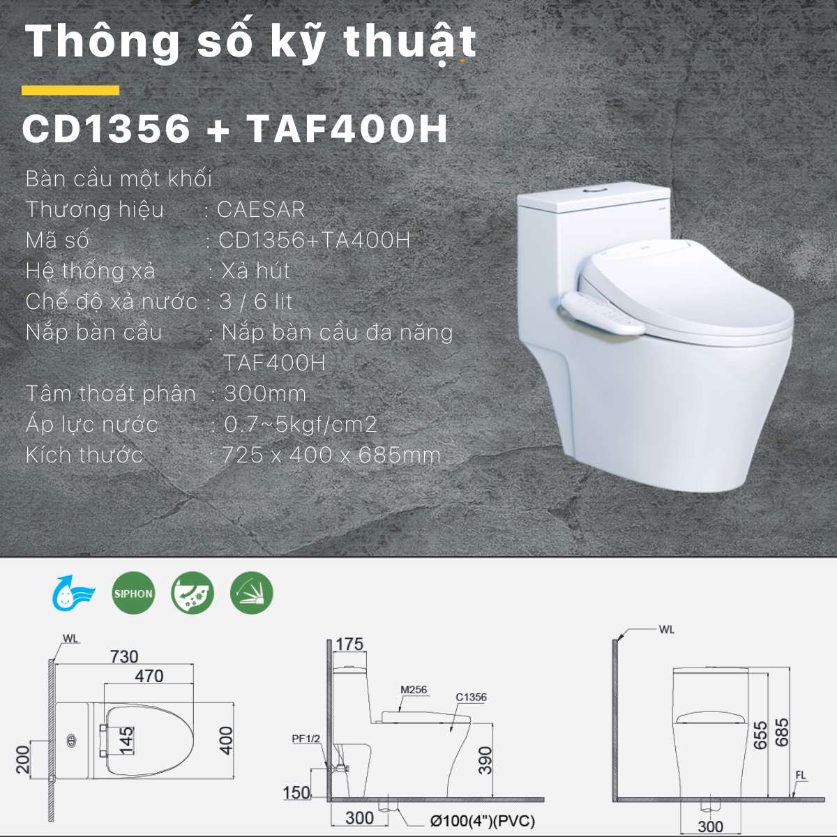 Bồn cầu 1 khối nắp điện tử Caesar C1356F + TAF400H (CD1356+TAF400H)