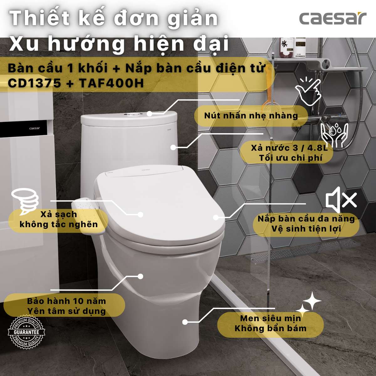 Bồn cầu 1 khối nắp điện tử Caesar C1375F + TAF400H (CD1375+TAF400H)
