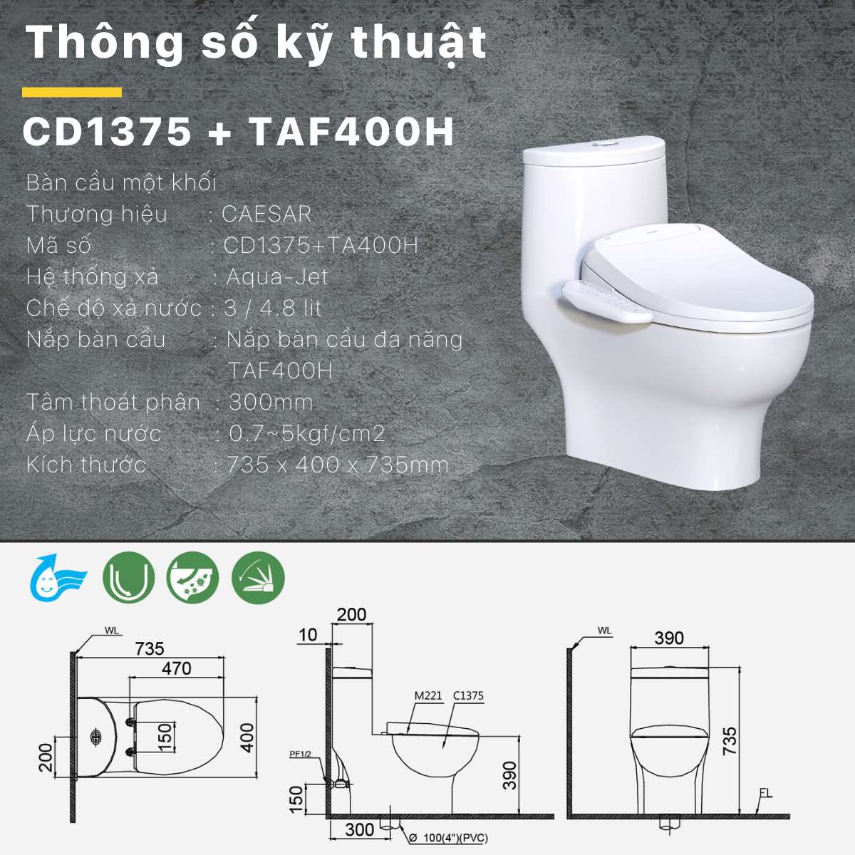 Bồn cầu 1 khối nắp điện tử Caesar C1375F + TAF400H (CD1375+TAF400H)