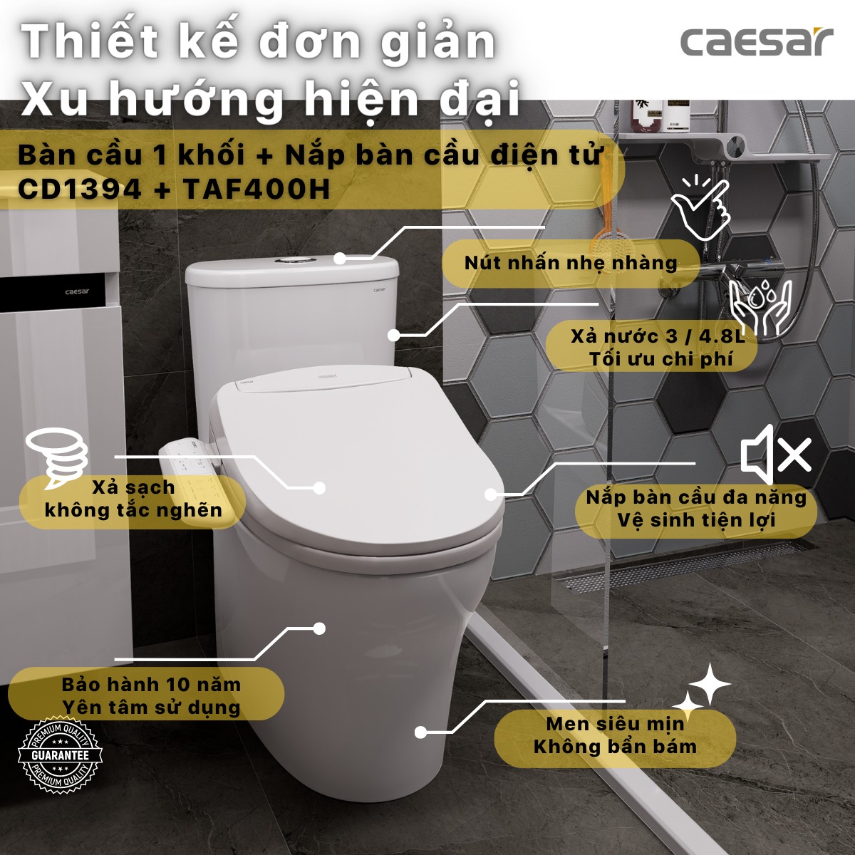 Bồn cầu 1 khối nắp điện tử Caesar C1394F + TAF400H (CD1394+TAF400H)