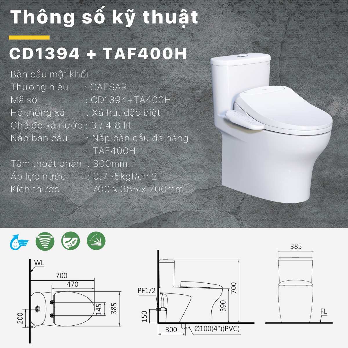 Bồn cầu 1 khối nắp điện tử Caesar C1394F + TAF400H (CD1394+TAF400H)